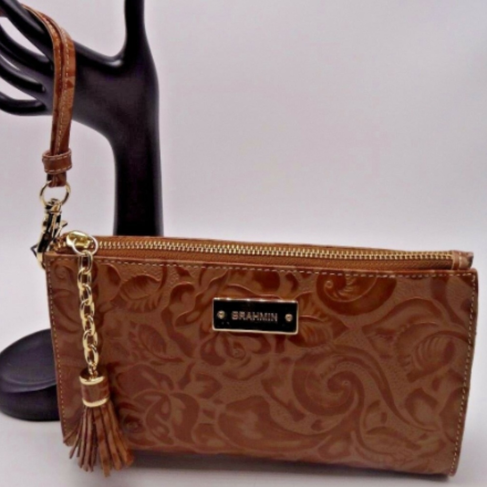 Brahmin Floral Zip WristletCamel Embossed Leather - Picture 2 of 7